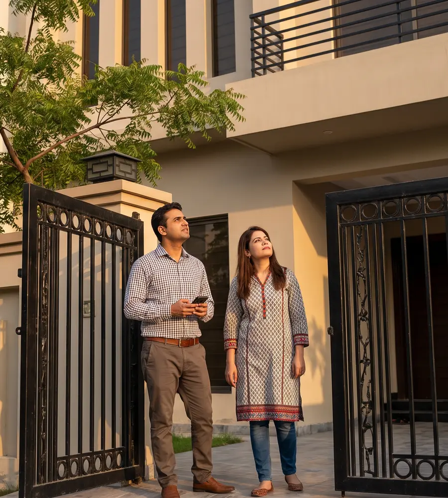 A couple looking up at a house from its open gate in DHA Lahore